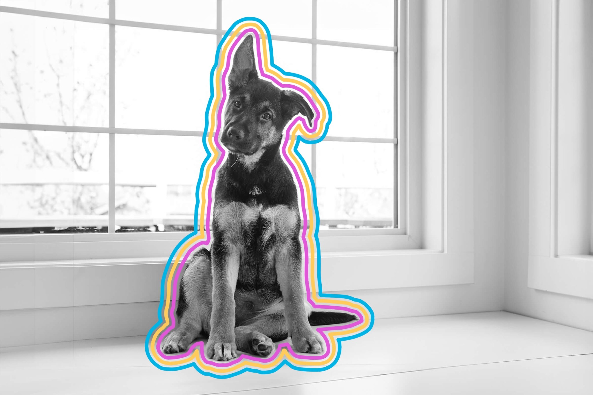 Dog sitting with tilted head and one ear up