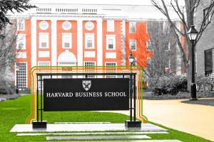 Harvard Business School sign in front of the Bloomberg Center building