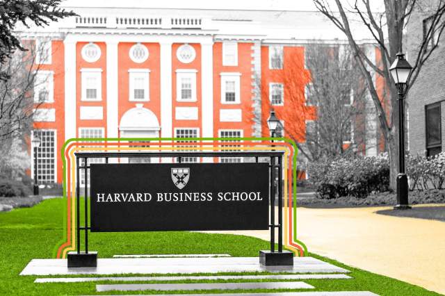Harvard Business School sign in front of the Bloomberg Center building
