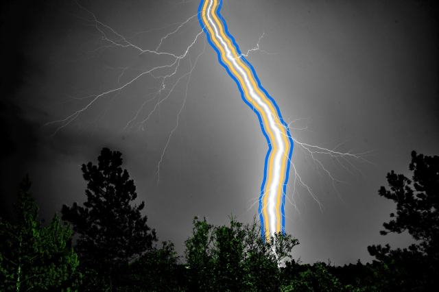 Lightning strikes during strong thunderstorm at night