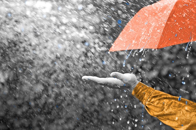 Person holding out their hand under an umbrella in the rain