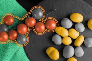 Overhead view of tomatoes and potatoes