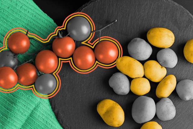 Overhead view of tomatoes and potatoes