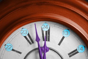 Closeup of the numbers and hands on a clock